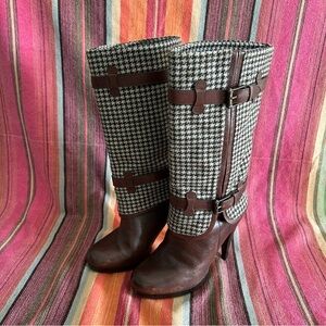 Cole Haan Air Kennedy Buckle Boot Houndstooth Flannel Fold Over Brown Size 6.5